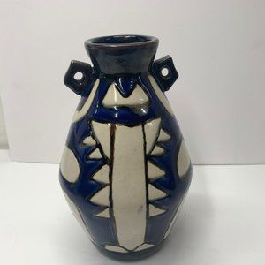 Lemax Shiwan Vintage Pottery Vase Two Handled Jug Geometric Cobalt Blue Cream